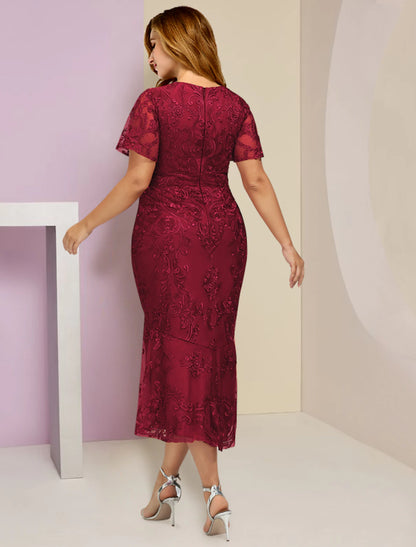 Mother of the Bride Dresses Plus Size Curve Hide Belly Wedding Guest Party Elegant V Neck Tea Length Lace Short Sleeve with Pleats Solid