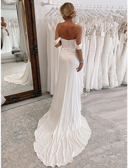 Reception Formal Wedding Dresses Sheath / Column Off Shoulder Sleeveless Court Train Stretch Fabric Bridal Suits Bridal Gowns With Pleats Ruched