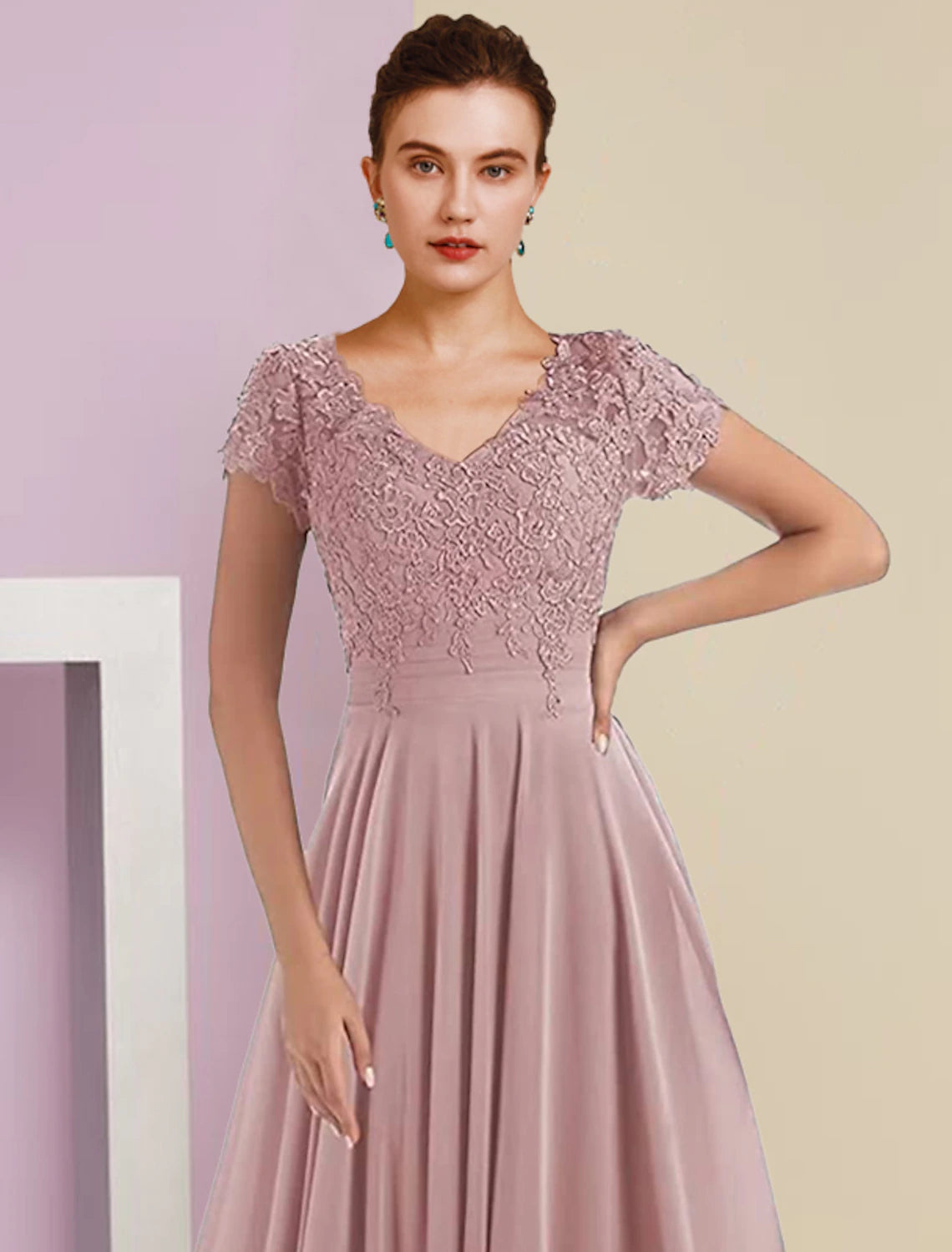 Two Piece A-Line Mother of the Bride Dress Formal Wedding Guest Elegant V Neck Sweep / Brush Train Chiffon Lace 3/4 Length Sleeve Wrap Included with Pleats Appliques