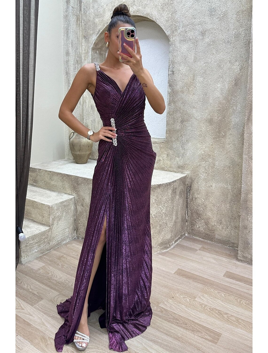 Mermaid / Trumpet Prom Dresses Sparkle Dress Formal Evening Party Sweep / Brush Train Sleeveless V Neck Spandex with Rhinestone Pleats Slit