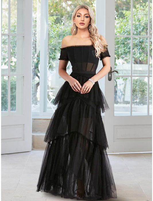 Ball Gown Prom Dresses Corsets Dress Masquerade Prom Floor Length Sleeveless Off Shoulder Tulle with Ruffles