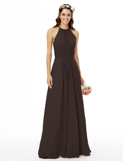 Sheath / Column Bridesmaid Dress Jewel Neck Sleeveless Beautiful Back Floor Length Chiffon with Lace / Sash / Ribbon / Pleats