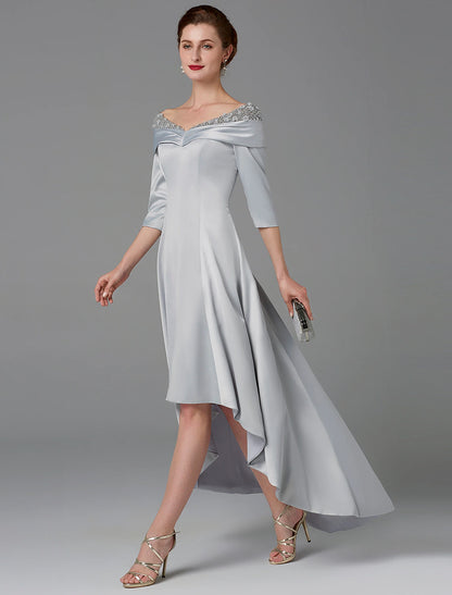 A-Line Mother of the Bride Dress Sparkle & Shine High Low Off Shoulder Asymmetrical Satin Half-Sleeve with Lace Crystals