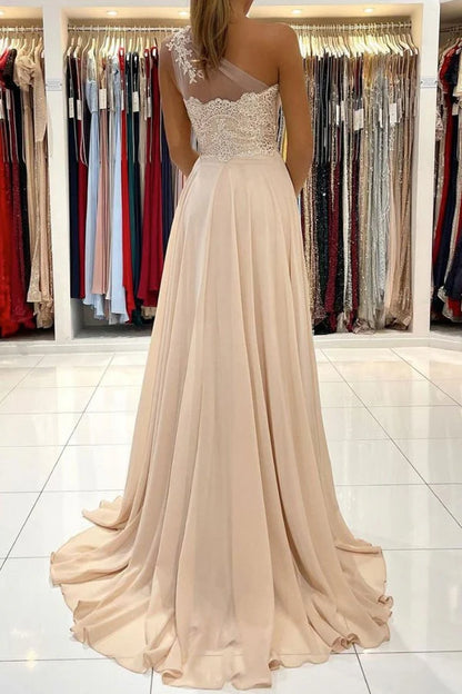 champagne Chiffon One Shoulder Long Prom Dress Charming Sparkle Open Back Prom Dresses