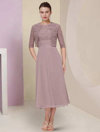 Two Piece Mother of the Bride Dress Wedding Guest Church Elegant Jewel Neck Tea Length Chiffon Lace Half Sleeve with Solid