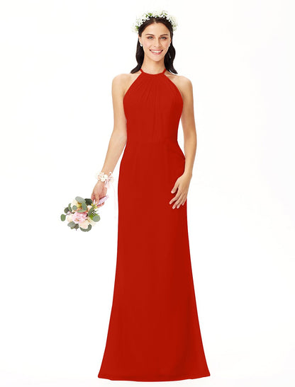 Sheath / Column Bridesmaid Dress Jewel Neck Sleeveless Elegant Floor Length Chiffon with Pleats