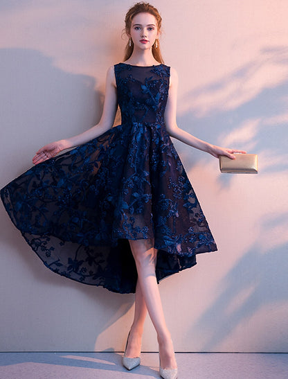 A-Line Cocktail Dresses Minimalist Dress Homecoming Party Wear Asymmetrical Sleeveless Jewel Neck Tulle with Pleats Pattern / Print