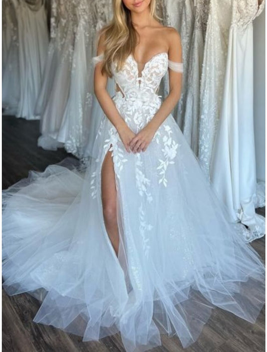 Beach Formal Wedding Dresses A-Line Off Shoulder Sleeveless Court Train Lace Bridal Gowns With Pleats Split Front