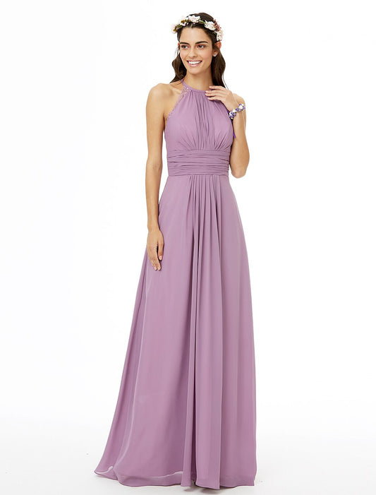 Sheath / Column Bridesmaid Dress Jewel Neck Sleeveless Beautiful Back Floor Length Chiffon with Lace / Sash / Ribbon / Pleats