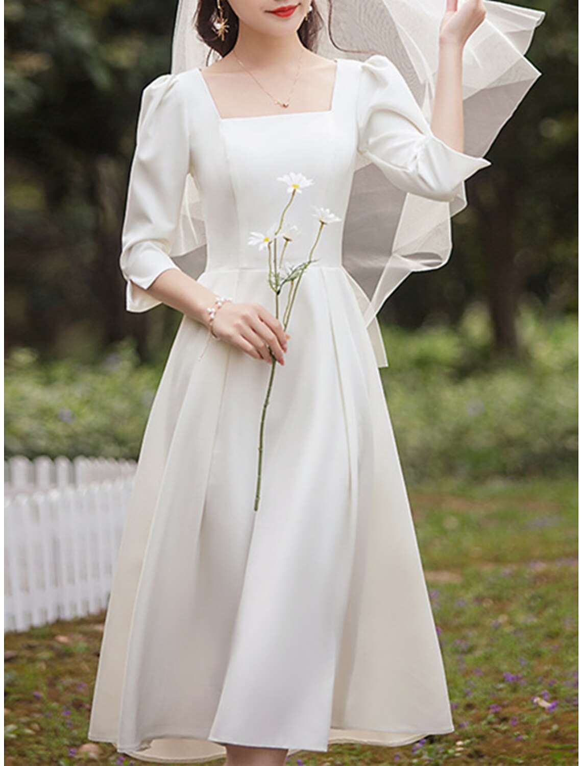 Reception Little White Dresses Wedding Dresses A-Line Square Neck Half Sleeve Tea Length Satin Bridal Gowns With Pleats