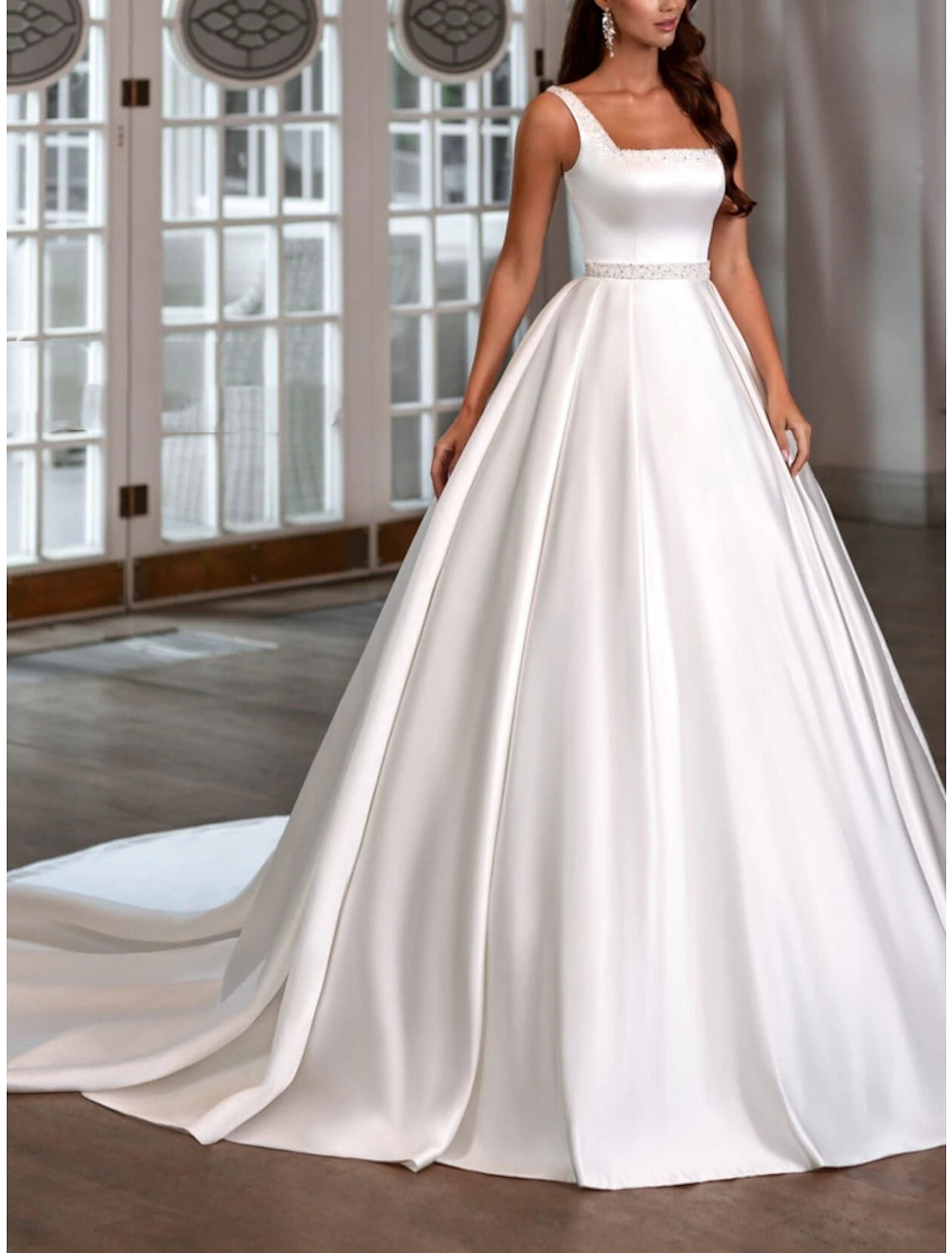 Reception Formal Wedding Dresses A-Line Square Neck Sleeveless Court Train Satin Bridal Gowns With Pleats Beading