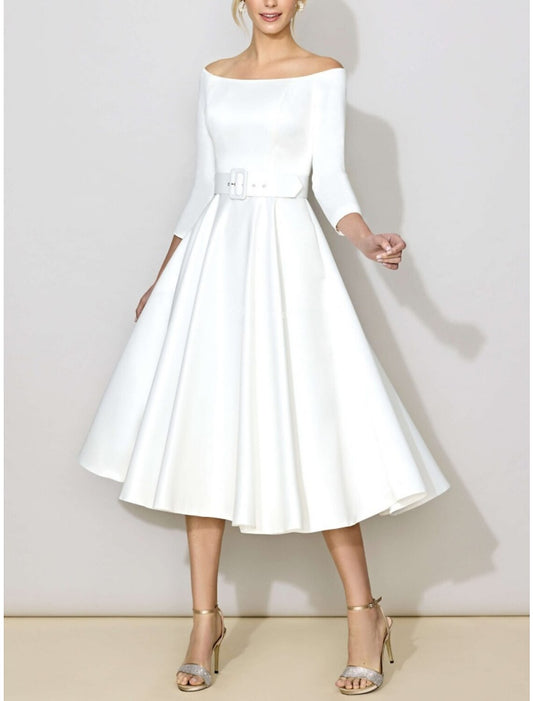 Formal Wedding Dresses A-Line Off Shoulder 3/4 Length Sleeve Tea Length Chiffon Bridal Gowns With Pleats Solid Color