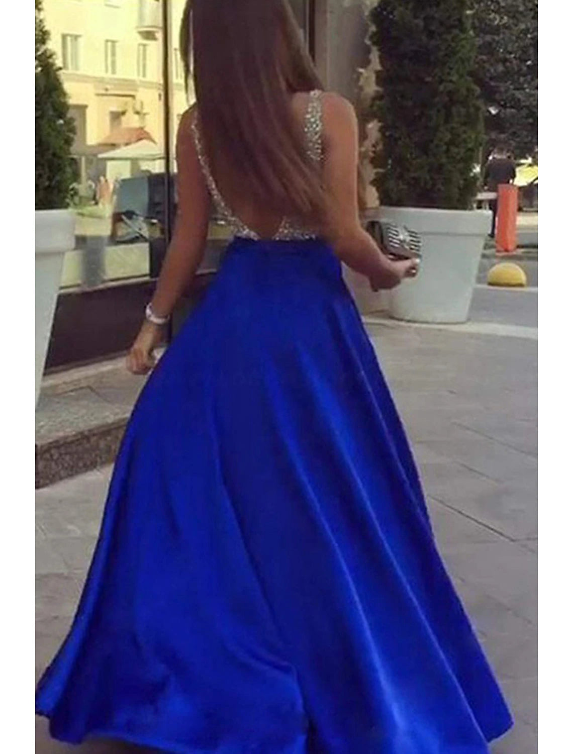 A-Line Prom Dresses Sparkle & Shine Dress Formal Prom Floor Length Sleeveless V Neck Pocket Stretch Satin Backless V Back with Beading Pocket