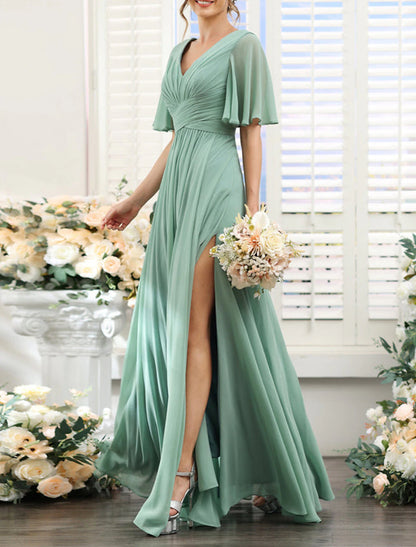 A-Line Bridesmaid Dress V Neck Short Sleeve Elegant Floor Length Chiffon with Split Front / Ruching