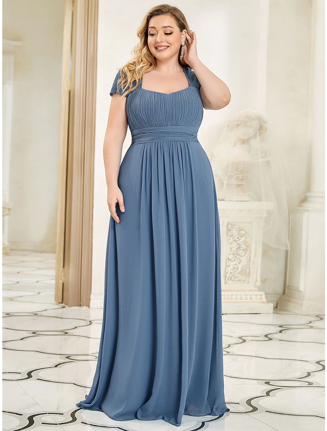 A-Line Evening Gown Plus Size Dress Wedding Guest Prom Floor Length Short Sleeve Sweetheart Chiffon with Ruched