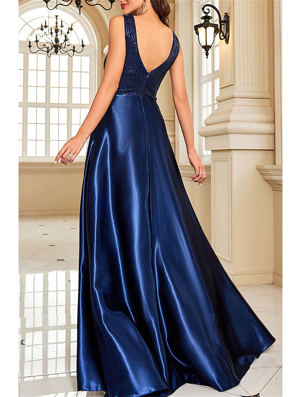 A-Line Mother of the Bride Dress Wedding Guest Elegant Party Sparkle & Shine V Neck Floor Length Satin Sequined Sleeveless with Sequin Color Block