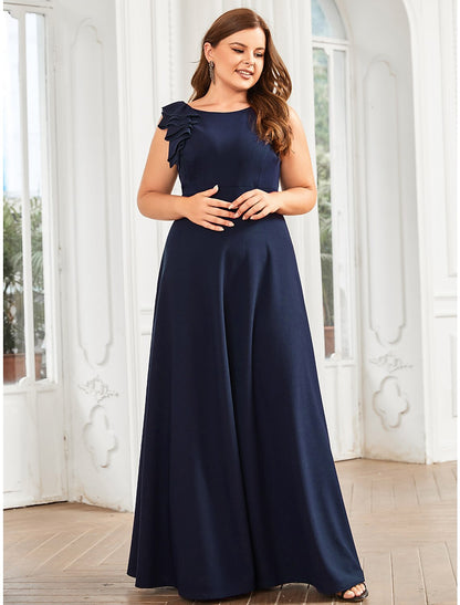 A-Line Evening Gown Plus Size Dress Formal Wedding Guest Floor Length Sleeveless Jewel Neck Bridesmaid Dress Polyester with Draping Appliques