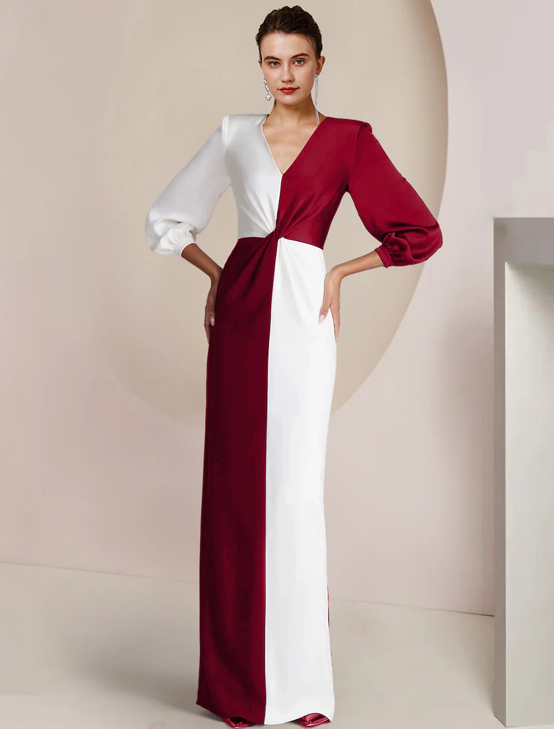 Sheath / Column Mother of the Bride Dress Formal Wedding Guest Party Elegant V Neck Floor Length Stretch Satin 3/4 Length Sleeve with