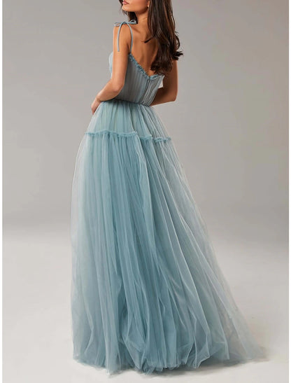 A-Line Prom Party Dress Elegant Dress Wedding Guest Prom Floor Length Sleeveless Spaghetti Strap Tulle with Pleats Ruffles