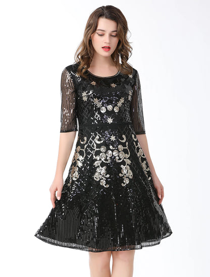 A-Line Cocktail Dresses Vintage Dress Holiday Party Wear Knee Length Half Sleeve Jewel Neck Cotton Blend with Sequin Splicing