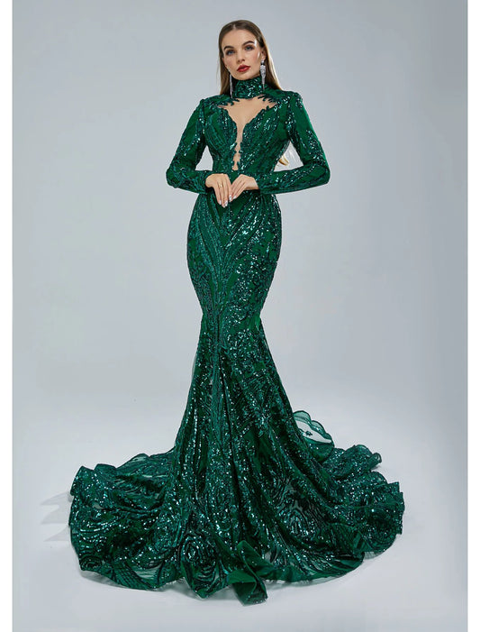 Mermaid / Trumpet Evening Gown Sparkle & Shine Dress Carnival Engagement Court Train Long Sleeve Stand Collar Lace with Sequin