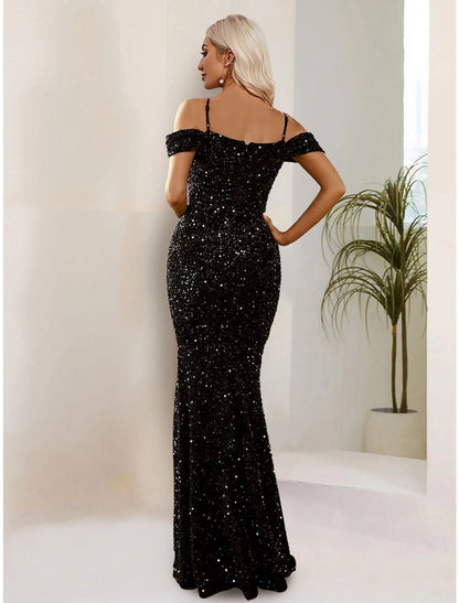 Mermaid / Trumpet Evening Gown Sparkle & Shine Dress Formal Black Dress Floor Length Short Sleeve Spaghetti Strap Sequined with Sequin