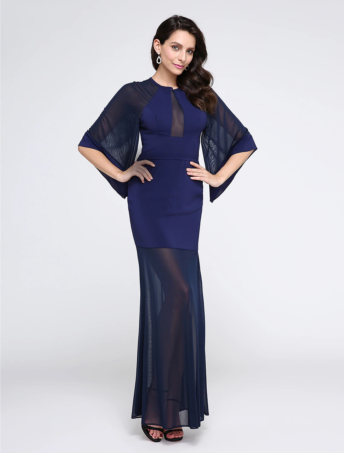 Sheath / Column See Through Dress Prom Formal Evening Floor Length Half Sleeve Jewel Neck Chiffon with Pleats