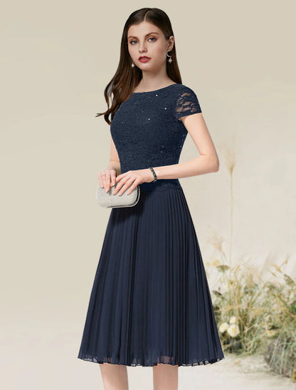 A-Line Cocktail Dresses Flirty Dress Homecoming Wedding Guest Tea Length Short Sleeve Jewel Neck Chiffon with Pleats