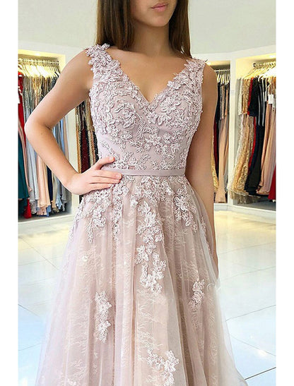 A-Line Prom Dresses Open Back Dress Formal Prom Sweep / Brush Train Sleeveless V Neck Tulle Backless with Beading Appliques