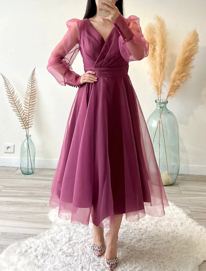 A-Line Cocktail Dresses Minimalist Dress Christmas Wedding Guest Tea Length Long Sleeve V Neck Organza with Buttons