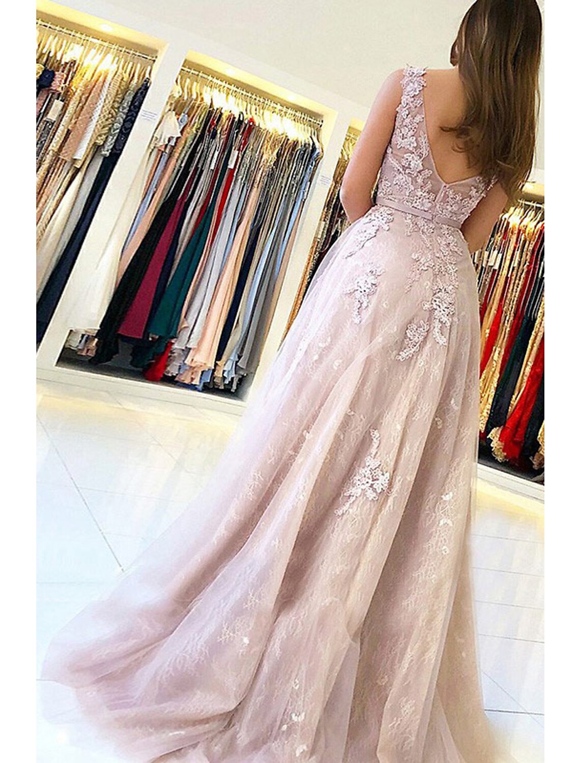 A-Line Prom Dresses Open Back Dress Formal Prom Sweep / Brush Train Sleeveless V Neck Tulle Backless with Beading Appliques