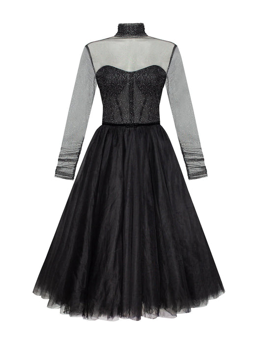 A-Line Cocktail Black Dress Vintage Dress Homecoming Cocktail Party Knee Length Long Sleeve High Neck Wednesday Addams Family Tulle with Pleats