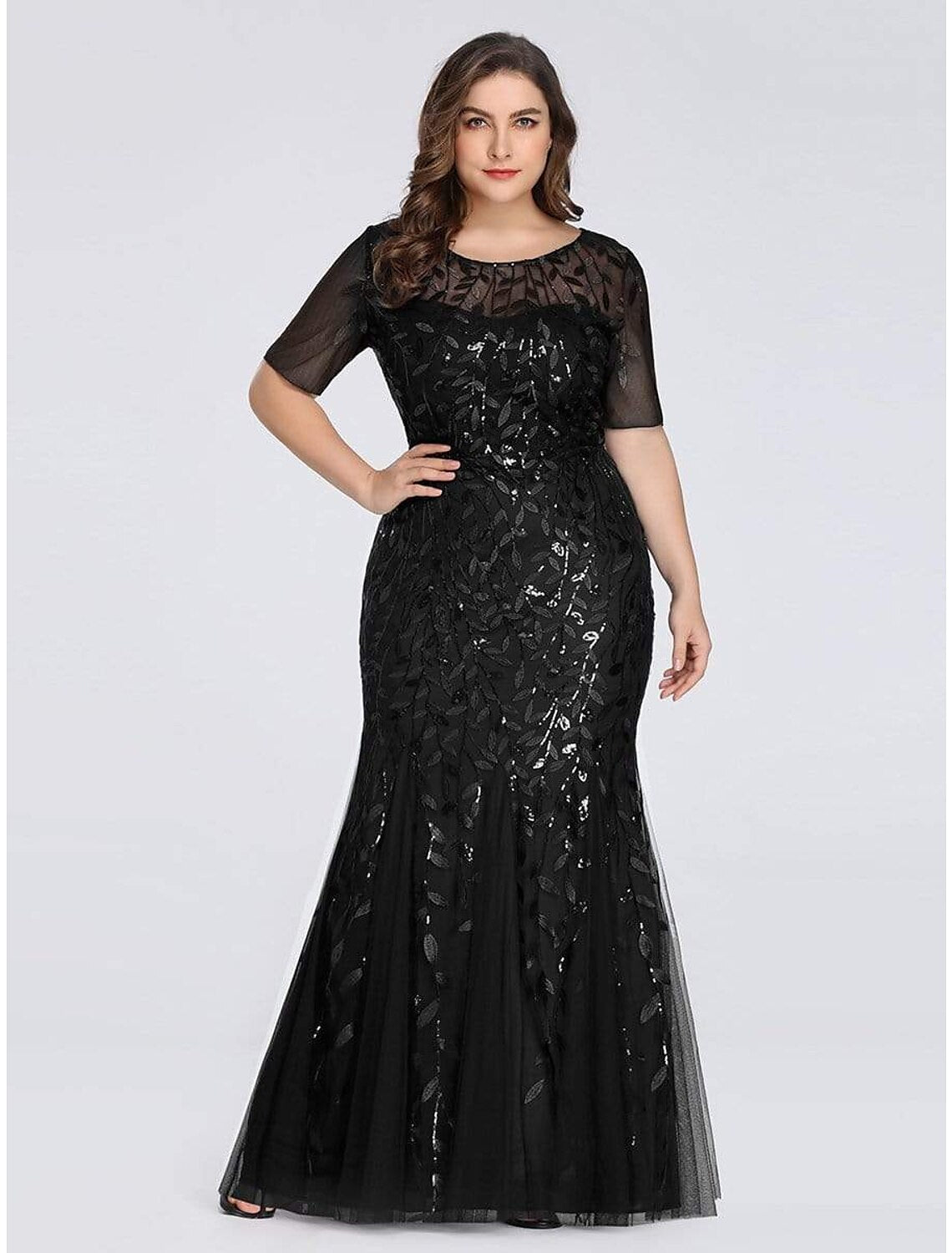 Mermaid / Trumpet Empire Elegant Party Wear Formal Evening Dress Jewel Neck Short Sleeve Floor Length Tulle with Embroidery 2022 / Illusion Sleeve