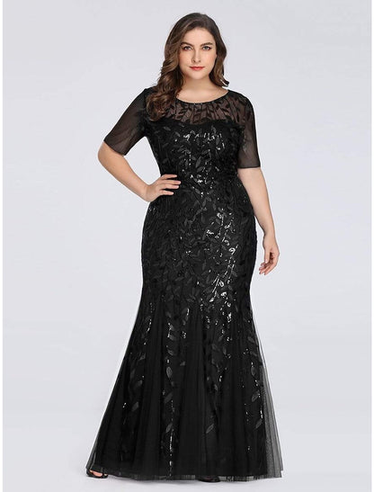 Mermaid / Trumpet Empire Elegant Party Wear Formal Evening Dress Jewel Neck Short Sleeve Floor Length Tulle with Embroidery 2022 / Illusion Sleeve