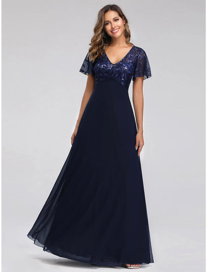 A-Line Wedding Guest Dresses Elegant Dress Fall Floor Length Short Sleeve V Neck Bridesmaid Dress Tulle with Sequin Appliques