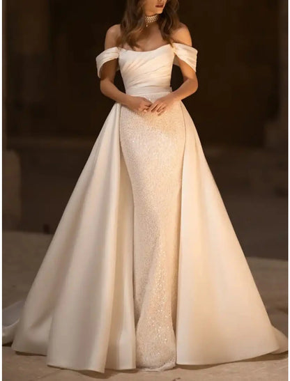 Formal Wedding Dresses Mermaid / Trumpet Off Shoulder Sleeveless Court Train Satin Bridal Gowns With Pleats Solid Color