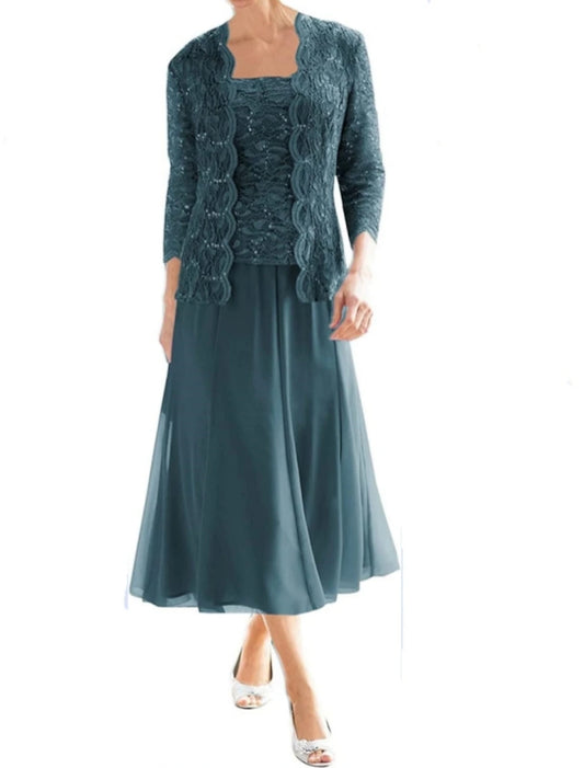 Two Piece Sheath / Column Mother of the Bride Dress Elegant Vintage Sparkle & Shine Square Neck Tea Length Chiffon Lace 3/4 Length Sleeve with Pleats Sequin