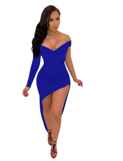 Hot Sexy Holiday Party Wear Club Dress High Slit V Neck off Shoulder Long Sleeve Bodycon Asymmetrical Spandex with Sleek