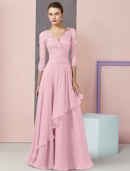 Two Piece A-Line Mother of the Bride Dress Formal Wedding Guest Party Elegant V Neck Floor Length Chiffon Lace Half Sleeve Wrap Included with Beading Sequin Appliques