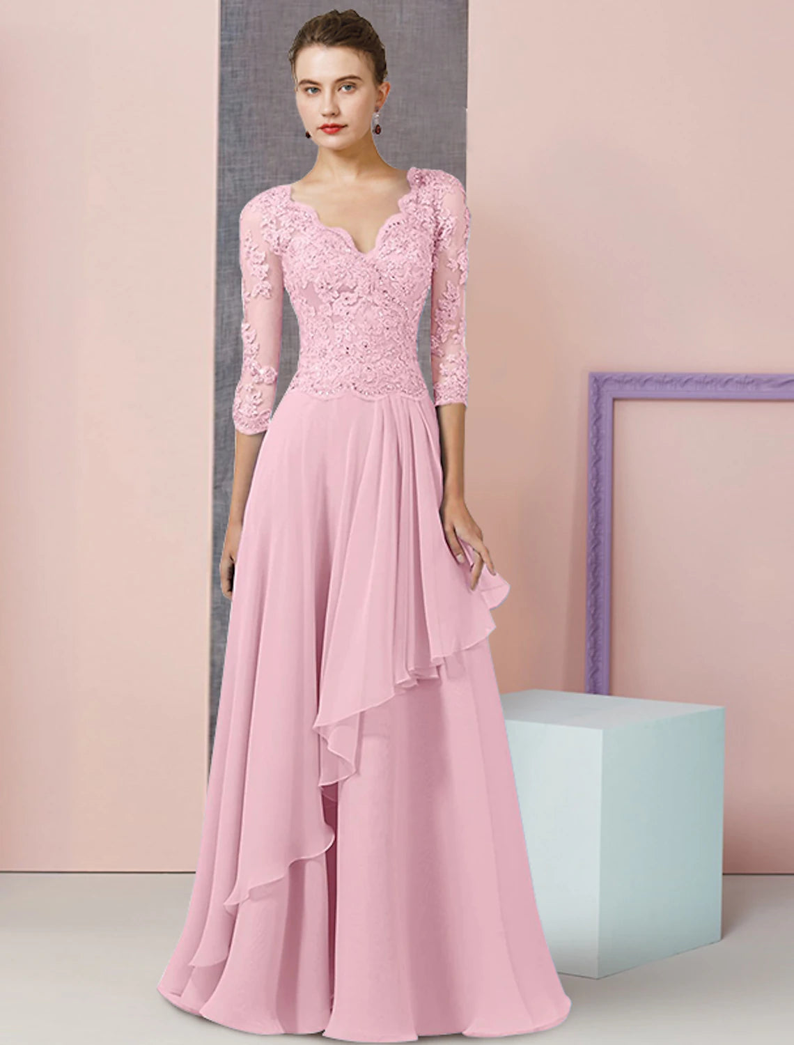 A-Line Mother of the Bride Dress Formal Wedding Guest Vintage Elegant V Neck Floor Length Chiffon Lace Half Sleeve with Beading Sequin Appliques