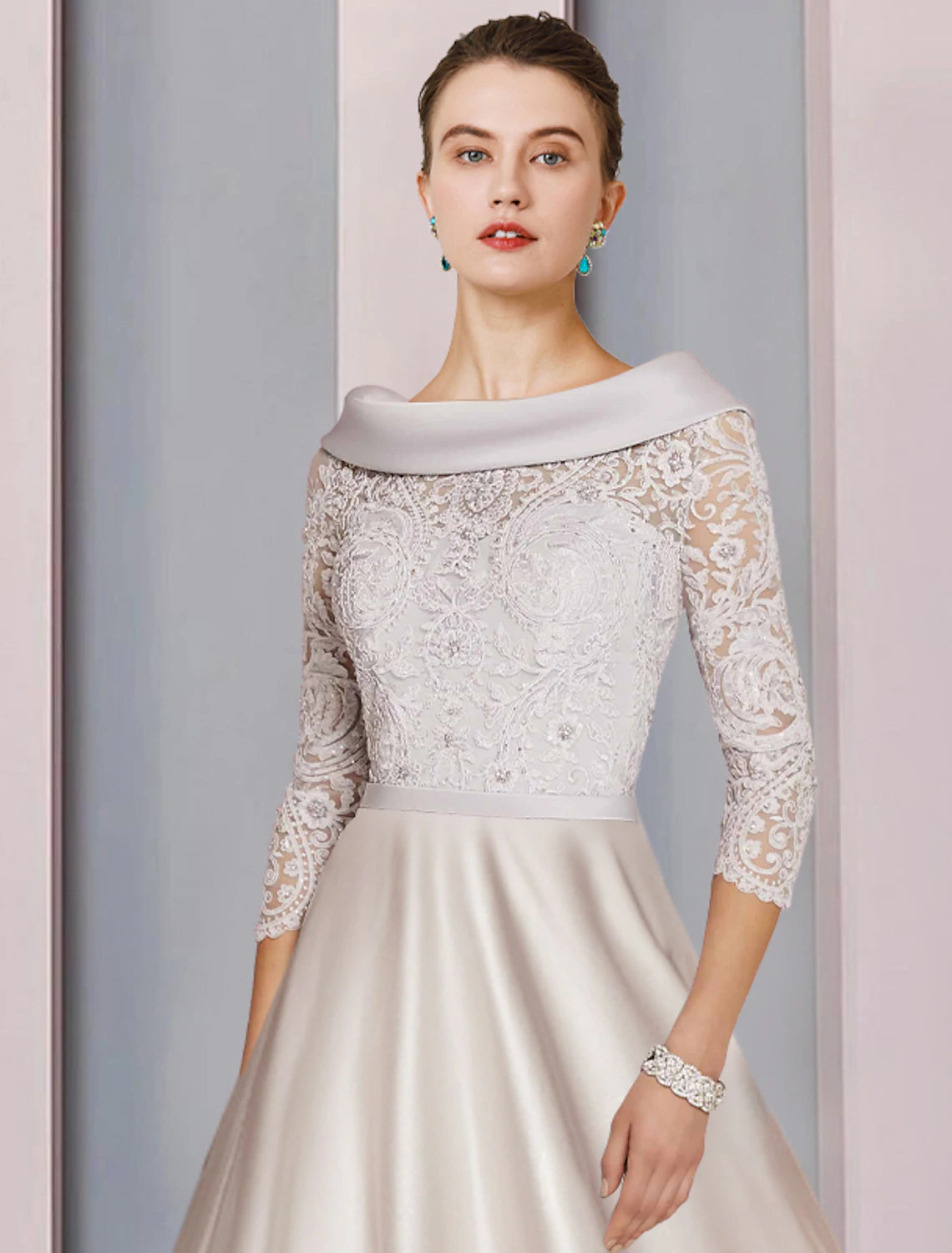 A-Line Mother of the Bride Dress Formal Church Party Elegant Cowl Neck Tea Length Satin Lace 3/4 Length Sleeve with Beading Appliques