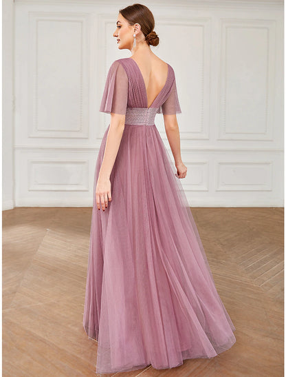 A-Line Bridesmaid Dress V Neck Short Sleeve Plus Size Floor Length Tulle with Ruffles / Draping / Tier