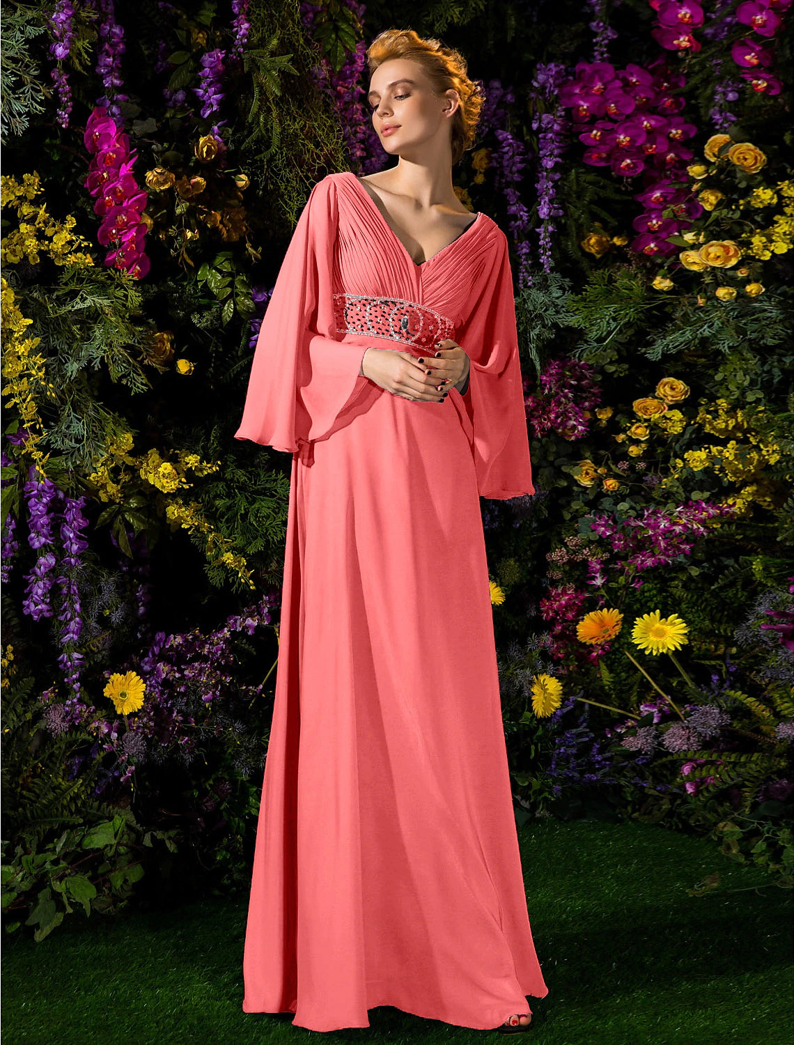 A-Line Mother of the Bride Dress Vintage Inspired V Neck Floor Length Chiffon Long Sleeve with Crystals Beading Side Draping