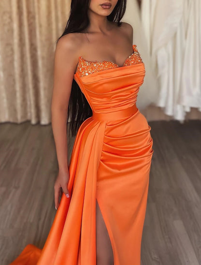 Mermaid / Trumpet Evening Gown Sexy Dress Cocktail Party Prom Court Train Sleeveless Strapless Bridesmaid Dress Satin with Beading Sequin