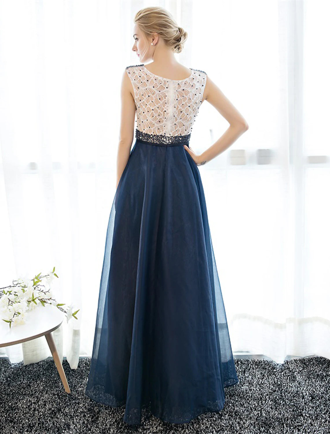 A-Line Beautiful Back Elegant Beaded & Sequin Prom Formal Evening Dress Illusion Neck Sleeveless Floor Length Tulle Over Lace with Beading