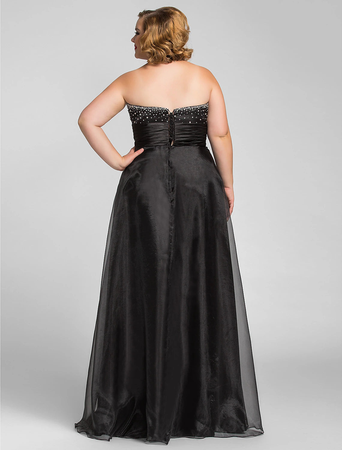 A-Line Black Dress Prom Formal Evening Floor Length Sleeveless Sweetheart Organza with Ruched Beading