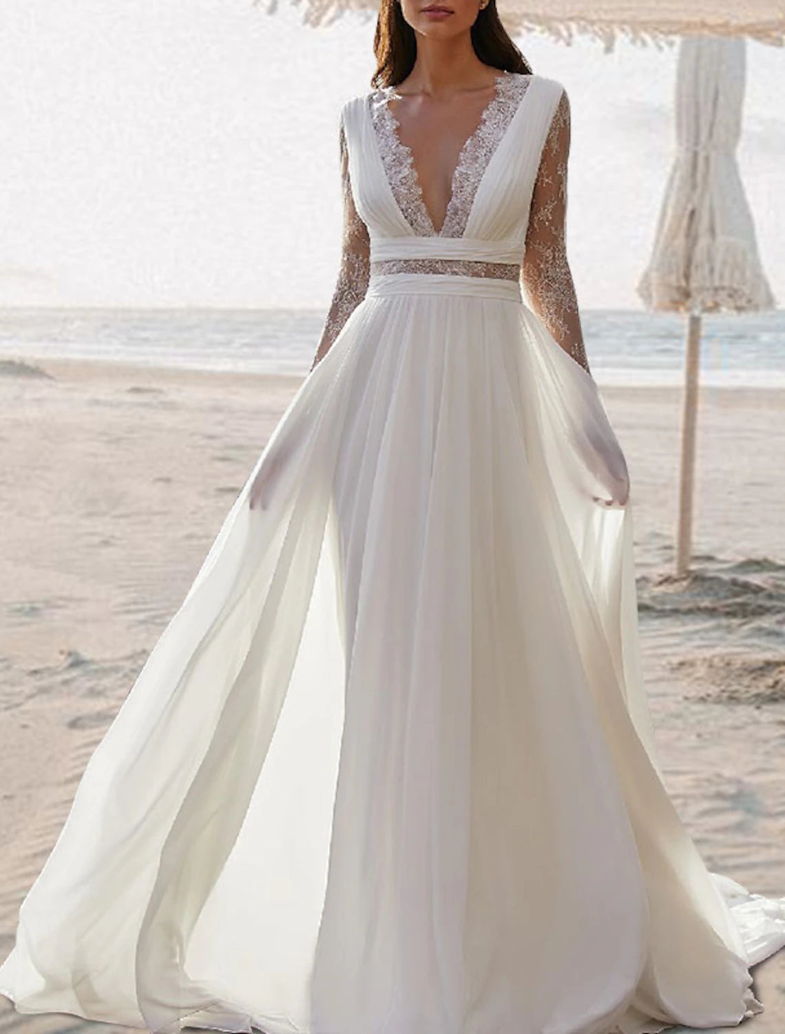 Beach Open Back Boho Wedding Dresses A-Line V Neck Sleeveless Floor Length Chiffon Bridal Gowns With Pleats Summer Fall Wedding Party