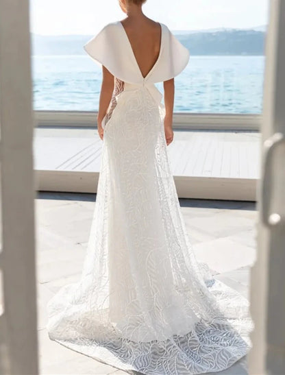 Beach Formal Wedding Dresses A-Line V Neck Cap Sleeve Sweep / Brush Train Lace Bridal Gowns With Appliques Solid Color