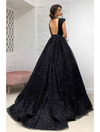 Ball Gown A-Line Prom Dresses Sparkle & Shine Dress Formal Prom Sweep / Brush Train Sleeveless V Neck Wednesday Addams Family Tulle Backless with Pleats