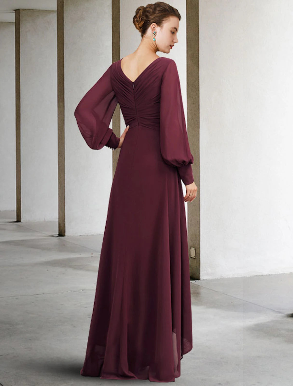 A-Line Mother of the Bride Dress Plus Size Elegant High Low V Neck Asymmetrical Floor Length Chiffon Long Sleeve with Pleats Ruched